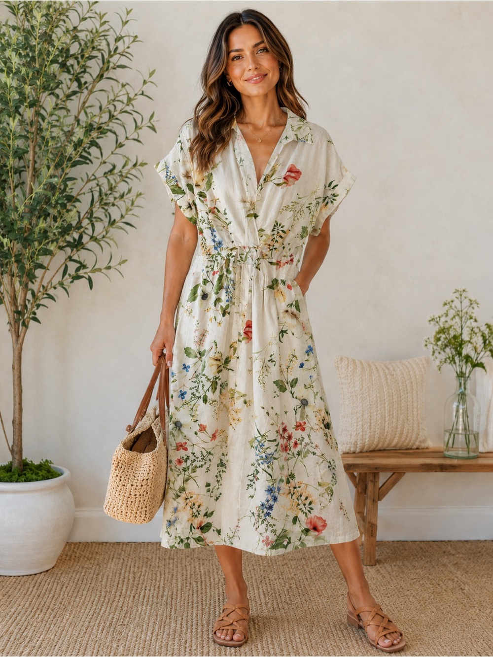 Umgee White Floral Button-Front Dress with Pink and Green Print